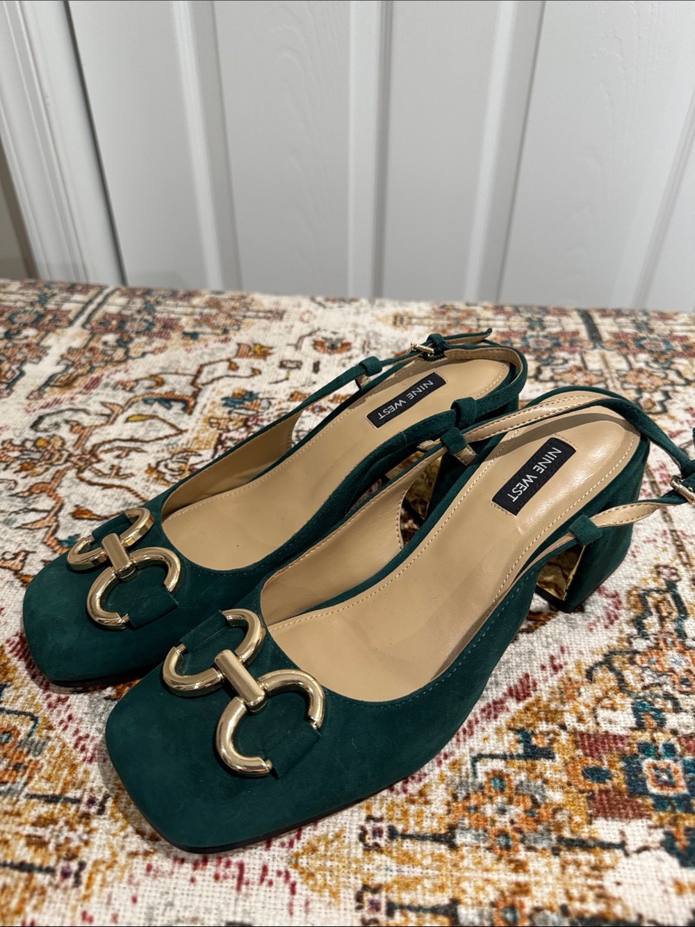 Nine West emerald Green Suede Block Heel Slingback Pumps with Gold Hardware